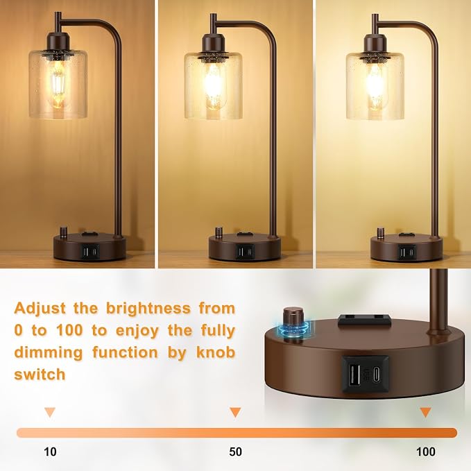 Innqoo Industrial Table Lamps for Bedrooms Set of 2 - Fully Dimmable Bedside Lamps with USB Ports and Outlet, Brown Nightstand Lamps with Glass Shade for Living Room, Desk Lamps for Office Reading