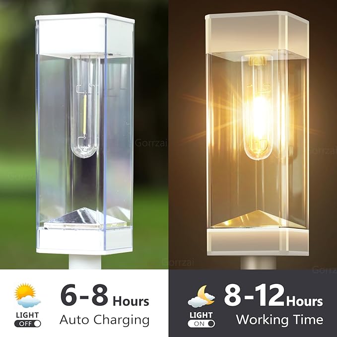 Solar Pathway Lights 8 Pack Solar Outdoor Lights with LED Tungsten Filament Bulb Waterproof Stainless Steel Garden Lighting for Outside Driveway Landscape Lawn Path Christmas (White)