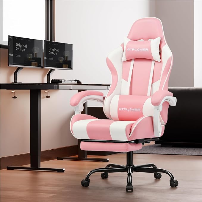 GTPLAYER Gaming Chair, Computer Chair with Footrest and Lumbar Support, Height Adjustable Game Chair with 360°-Swivel Seat and Headrest and for Office or Gaming (Faux Leather, Pink)