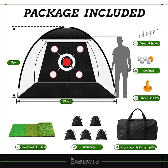 Golf Net 10x7FT with Tri-Turf Mat, Ball, Target & Bag, All-in-One Golf Practice Hitting Net for Backyard Driving, Chipping & Swing, Indoor Outdoor Training Aid, Gift for Men Dad Him Golfer