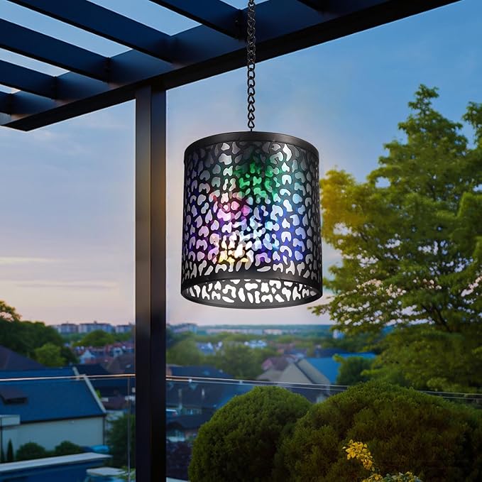 Hanging Solar Lights Outdoor Waterproof: RGB Hanging Lights with S Hooks Decor Iron Art Outdoor Solar Lantern in Garden, Pathway,Yard, Front Door and Landscape (2)