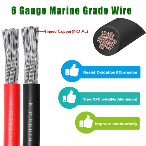 Marine Wire - 6 Gauge Tinned Copper Boat Cable | OFC Oxygen-Free Copper for Automotive & Solar Use (20FT Red & Black)