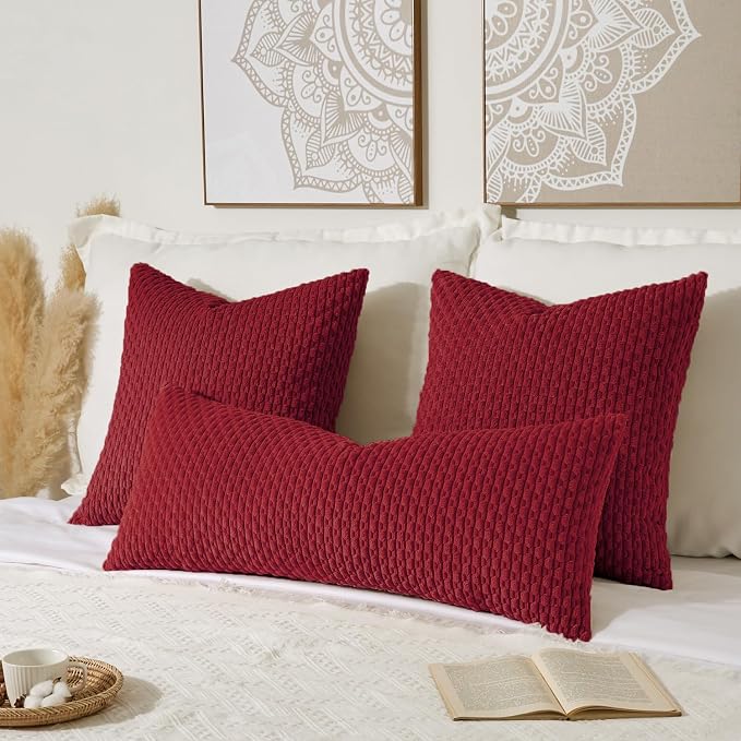 Kevin Textile Soft Corduroy 20"x54" Body Pillow Cover 1 Pack, Burgundy | Boho Stripe Plush Corduroy Decorative Oblong Cushion Cover Modern Farmhouse Home Decor for Sofa Couch Bed Chair