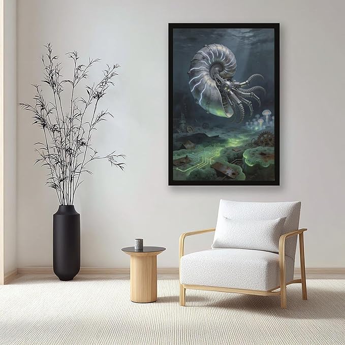 Framed Steampunk Mechanical Nautilus Wall Art - Underwater Industrial Poster for Man Cave Studio Decor 12x18in