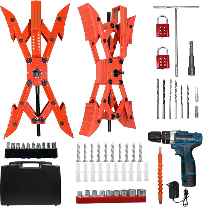 X-Shaped Wheel Chock with Cordless Drill Kit 12V, Hex Socket, Tool Kit and Locks, RV X Wheel Stabiliaer Scissor, Camper Heavy Duty Tire Chocks, Travel Trailers Wheel Chock Scissor (Orange)