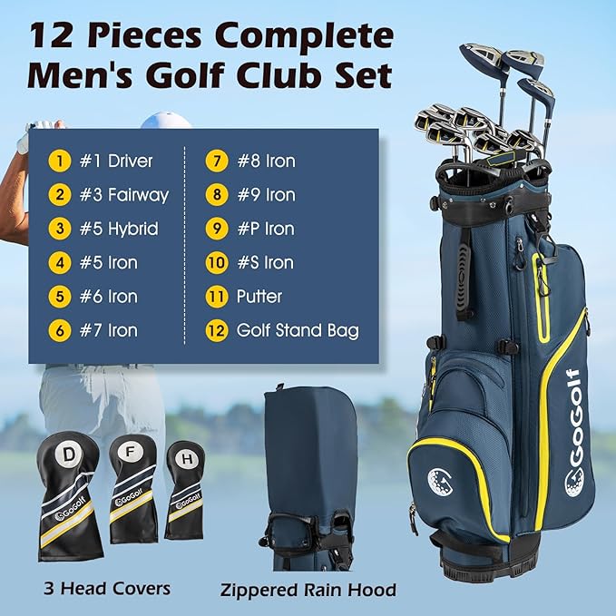 Goplus Complete Golf Club Set for Men, 12 Pieces Right Hand Golf Clubs with #1 Driver, #3 Fairway, #5 Hybrid, #5, #6, #7, #8, #9, #P & #S Irons, Putter, 3 Head Covers, Golf Stand Bag, Rain Hood