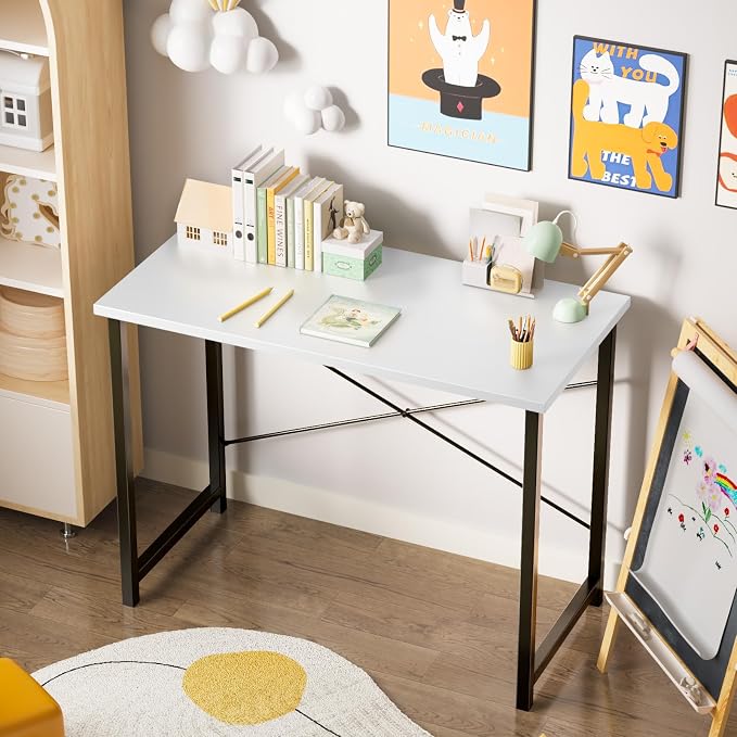 Sweetcrispy 32-Inch Small Computer Desk for Bedroom, Modern White | Gaming Writing Work and Study Desk for Home Office, Sturdy Metal Frame and Compact Modern Design with X-Shaped
