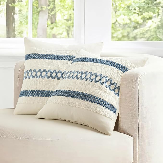MIULEE Set of 2 Coastal Blue Boho Decorative Pillow Covers 20x20 Inch | Farmhouse Couch Throw Pillows, Modern Cotton Cushion Covers, Macrame Woven Spring Decor for Bed Sofa Chair