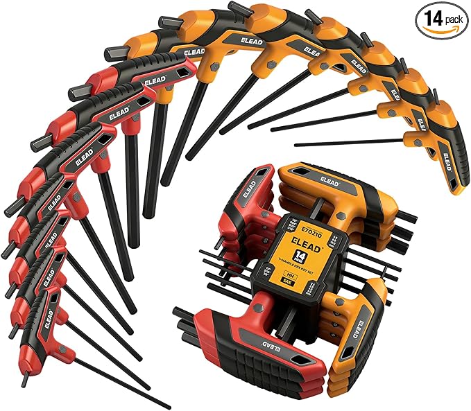 ELEAD 14-Piece T-handle Allen Wrench Set, Metric 2.5mm-10mm & SAE 1/8"-3/8" Portable Hex Key, Long Arm Allen Key Set with Storage Rack for Basic Home Repair and Mechanical Maintenance