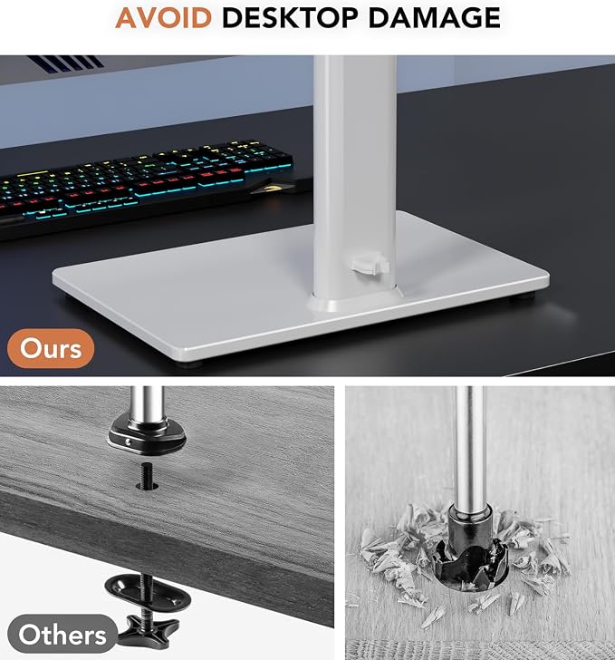 Hemudu Single LCD Computer Monitor Free-Standing Desk Stand Riser for 13 inch to 32 inch Screen with Swivel, Height Adjustable, Rotation, Holds One (1) Screen up to 77Lbs(HT05W-001) White