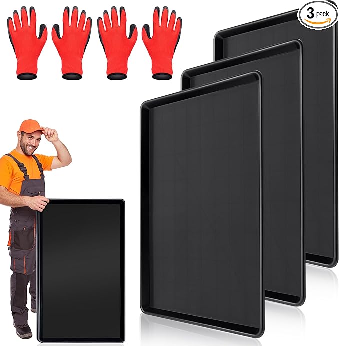 3 Pcs Extra Large Oil Drip Pan – 35.4 x 24 x 1.5 Inch, Auto Oil Change Drain Tray, Heavy Duty Plastic Drip Tray for Cars, Trucks, Washing Machines & More + Oil Spill Catcher with 2 Pairs of Gloves