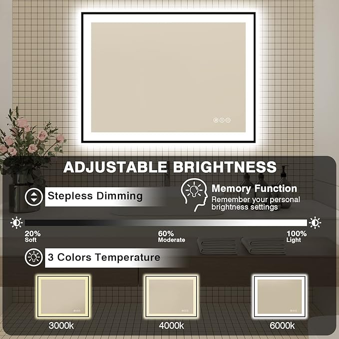 48x36 LED Bathroom Mirrors for Wall - Black Aluminum Framed(Front and Backlit),Anti-Fog Vanity Mirror with Lights,Stepless Dimmable Lighted Mirror,3 Colors Smart Mirror(Horizontal/Vertical)