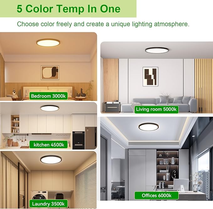 hunhun 6 Pack 3200lm LED Flush Mount Ceiling Light 12 Inch 5CCT Adjustable Super Slim 0.87 inch led Ceiling Light Fixture Round Low Profile Ceiling Lamp for Bedroom Living Room Kitchen Laundry Black