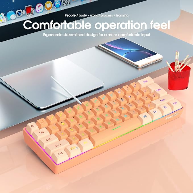 Snpurdiri 60% Wired Gaming Keyboard, RGB Backlit Ultra-Compact Mini Gaming Keyboard for PC/Mac Gamer, Typist, Travel (Cream and Orange) | Backlit Ultra-Compact Mini Gaming Keyboard for PC/Mac Gamer, Typist, Travel
