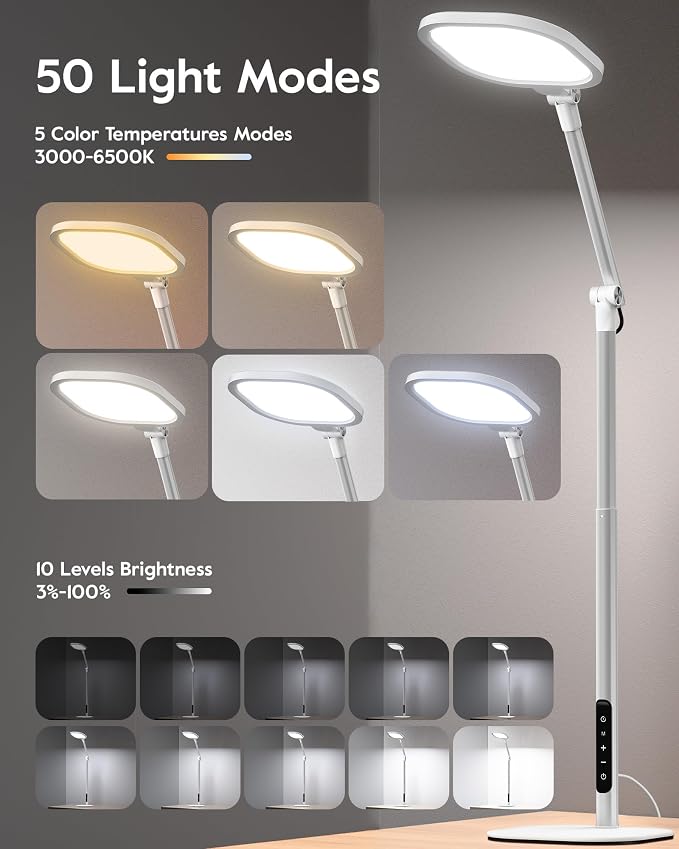 LitONES Tall LED Desk Lamps with Base, Edge-Lit Eye-Care, 50 Light Modes | 40" Height, Dimmable & Flexible, CRI>97.8, Memory and Timer Func, Stable Mental Base for Home Office, Video Calls & Drafting