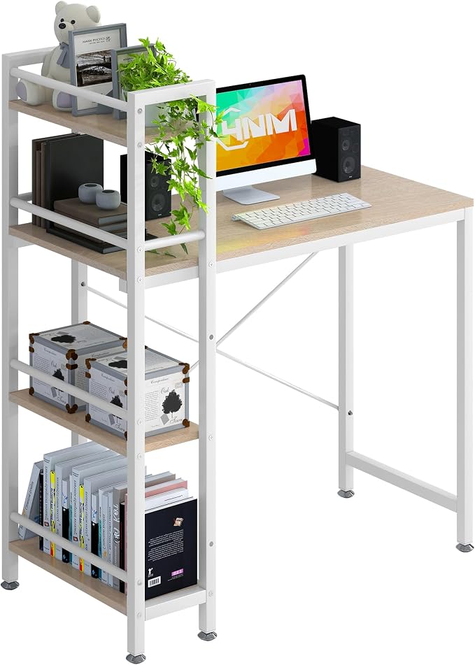 4NM 35.4" Small Computer Desk with 4-Tier Bookshelf and 8 Hooks, Home Office Desk Writing Workstation Study Table for Small Space Work - Natural and White