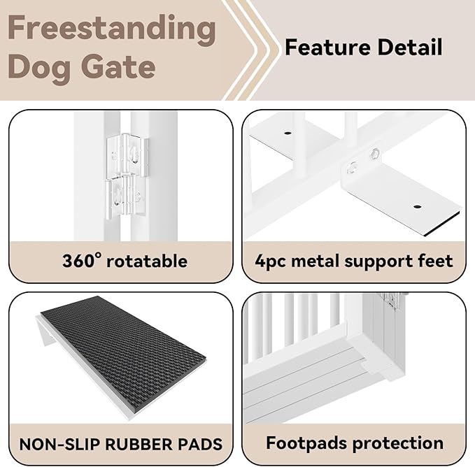 Full Metal Freestanding Dog Gate with Door, 36''Height Foldable Pet Dog Fence for Indoor & Outdoor, 4 Panels Extra Wide Free Standing TallDog Gates for Doorways,House,Stairs,Porch,Deck,Yard