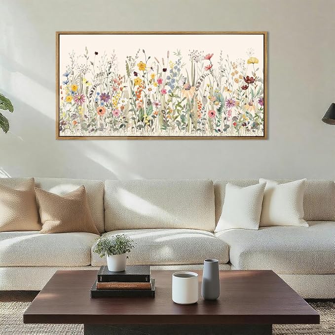 Large Floral Wall Art Decor Framed Colorful Wildflower Painting Pictures for Living Room Bedroom 40x20 Inches
