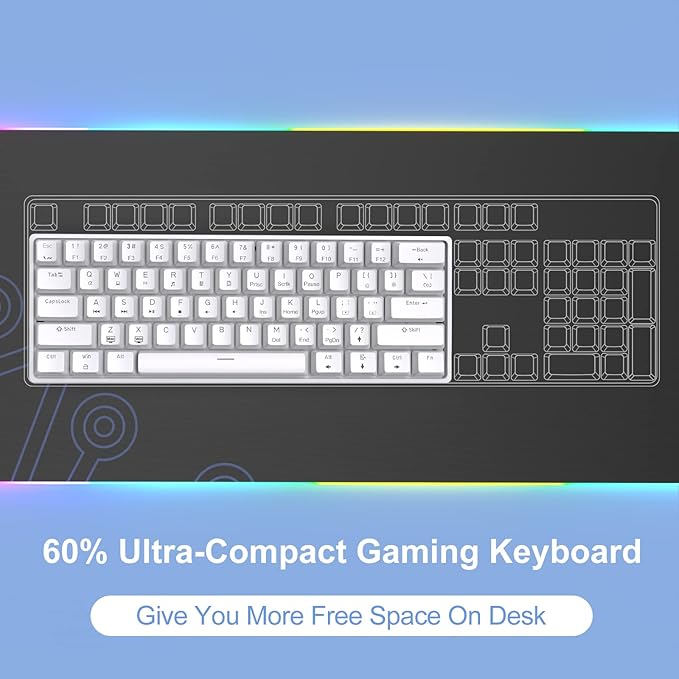 DIERYA 60% Mechanical Keyboard, DK61se Wired Gaming Keyboard with Red Switches, LED Backlit Ultra-Compact 61 Keys Mini Office Keyboard for Windows Laptop PC Gamer Typist（White）