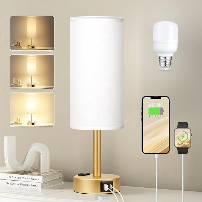 Fenmzee Gold Touch Lamp for Bedroom- 3 Way Dimmable Bedside Lamp USB C A Charging Ports and AC Outlet, Small Table Lamp White Linen Lampshade for Gift, LED Bulb Included