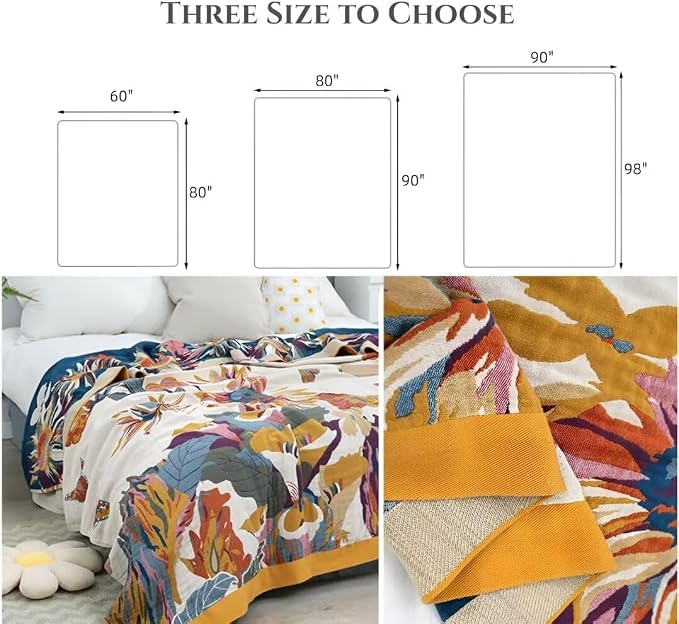 Boho Throw Blanket for Bed 100% Cotton Bohemian Blankets Ultra Soft Woven Muslin Decorative Blankets All Seasons Vintage Quilt Knitted Blanket for Sofa Chair(Yellow, 80"x90")
