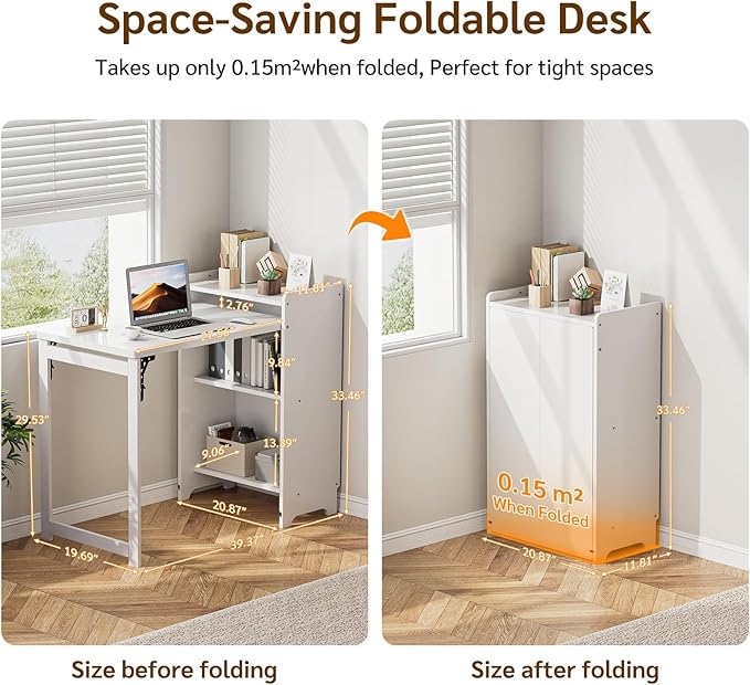 Bamboo Folding Desk with Storage, Foldable Desk for Small Spaces, White | Space-Saving Computer Desk with Storage, Compact Size, Writing Study Table for Home Office, Bedroom, Dorm, Apartment