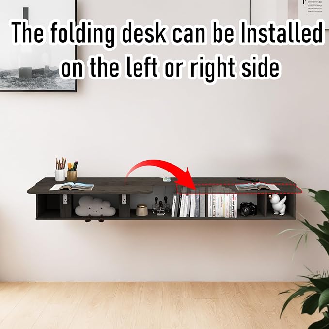 Pmnianhua 63'' Floating Desk with Storage Shelves,Wall Mounted Desk Laptop Computer Writing Study Table for Bedroom Small Space(Dark Grey)