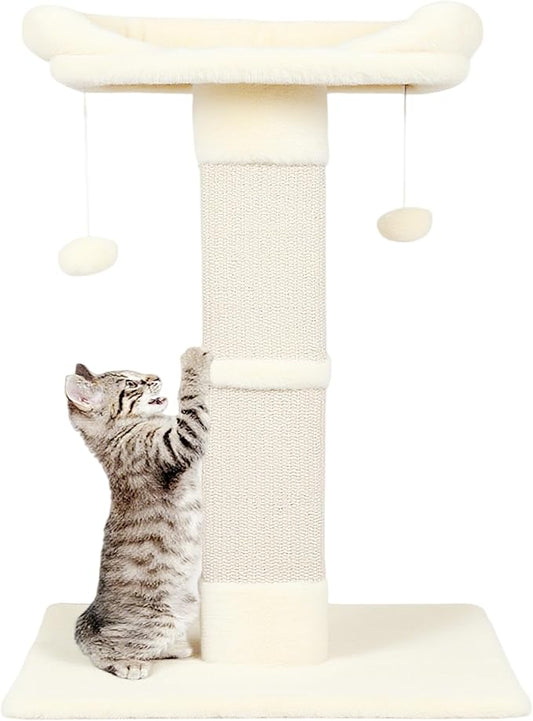 34" Cat Scratching Post for Indoor Cats, Sisal Cat Scratcher with Large Plush Perch, Vertical Posts with Elevated Bed and with Two Dangling Balls, Removable & Washable Cover, Beige White