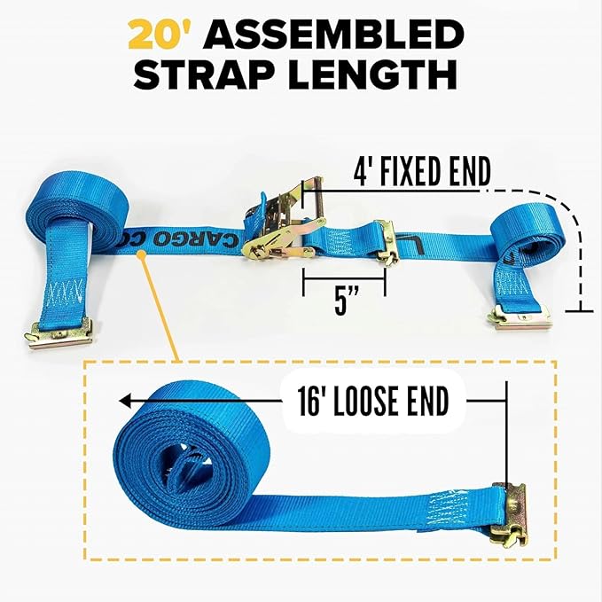 US Cargo Control Double-Fitted E Track Straps 2" x 20' (20-Pack), 4,400 LBS Break Strength, Blue Heavy Duty E Track Ratchet Straps with 3 Spring E-Fittings, Versatile 2-in-1 Logistic Tiedowns