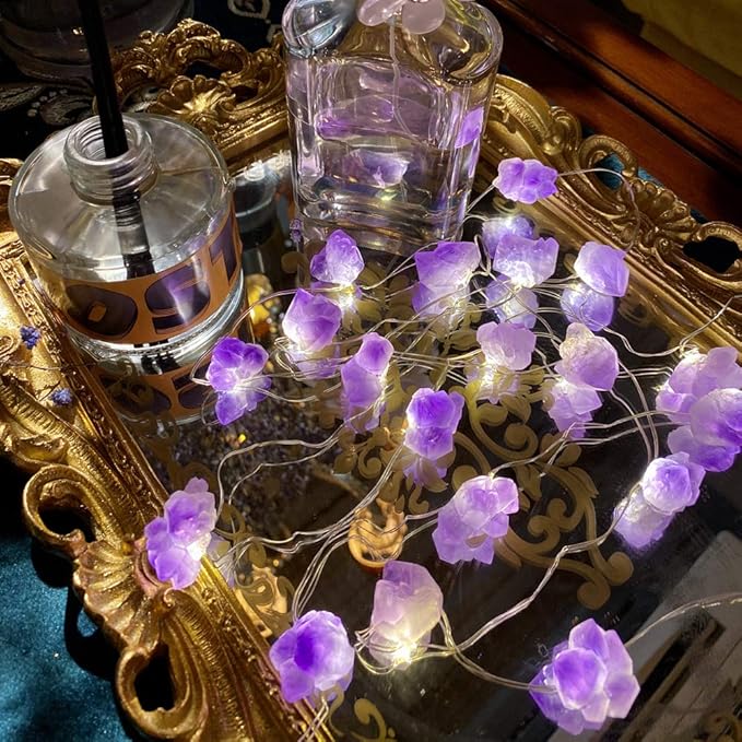 Genuine Amethyst Crystal Decorative Lights Cute Fairy String Lights 10ft 30 Natural Stones with Remote for Bedroom Hanging Ornaments Reiki Party Night Light Wedding Room Décor Mother's Day Gift