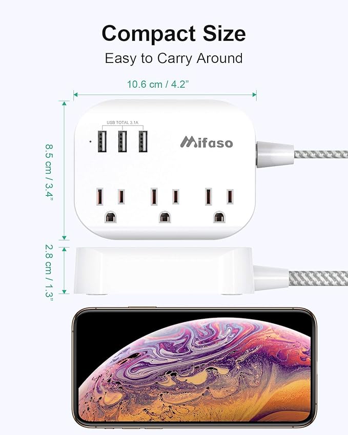Mifaso USB Power Strip, Flat Plug Power Strip Extension Cord with 3 Outlets 3 USB Ports(Smart 3.1A), 3ft Braided Power Cord, ETL Listed Compact for Cruise Ship, Travel, Home, Office