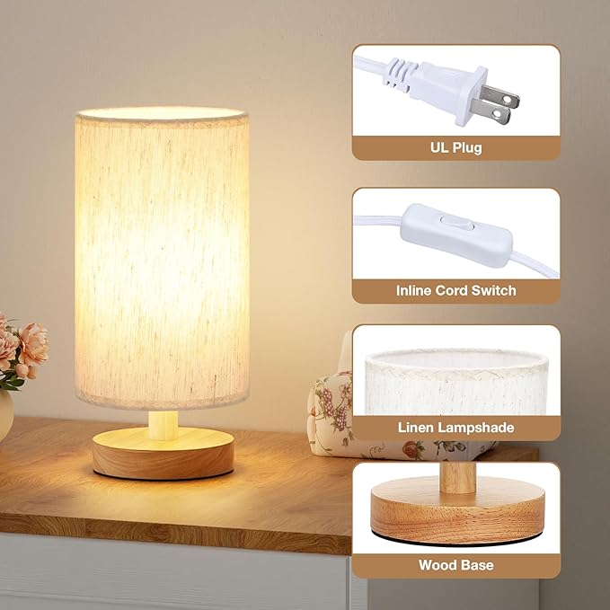 Fenmzee Small Lamps Set of 2 (Cream Shade - Wood Base, 9" Inline Control) | Two 3000K LED Blubs Included | 680 Lumens | Easy Assembly | Minimalist Design | E26 | for Kitchen | for Kids Room