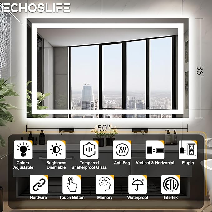 50"x36" Lighted Mirrors for Bathroom Wall, Anti-Fog LED Vanity Mirror, Shatter-Proof, 3 Colors Memory Mirror (Horizontal/Vertical)