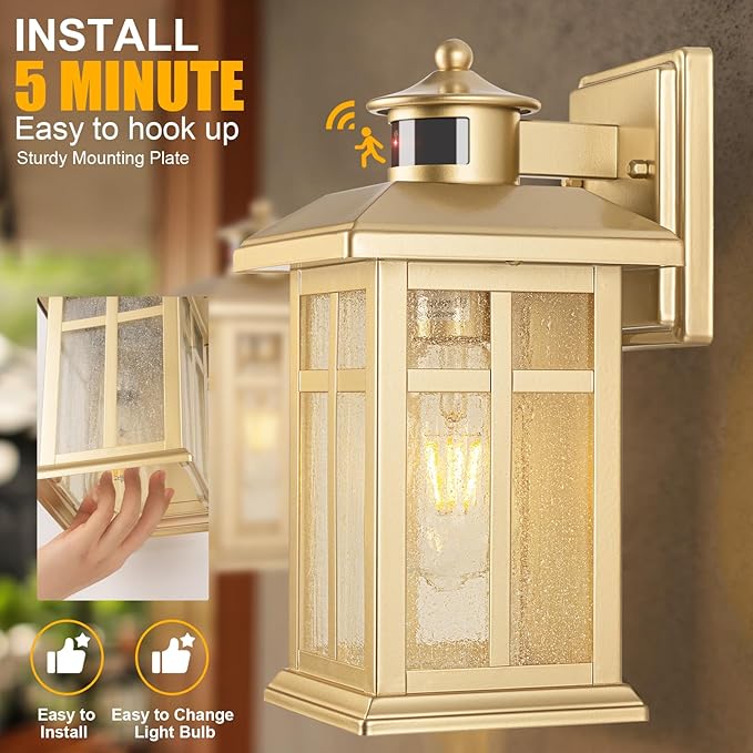 2-Pack Gold Exterior Motion Wall Sconces, Outdoor Waterproof Wall Light Fixtures Wall Mount, Dusk to Dawn Outside Lights for House with E26 Socket, Outside Lighting for Doorway, Garden, Home