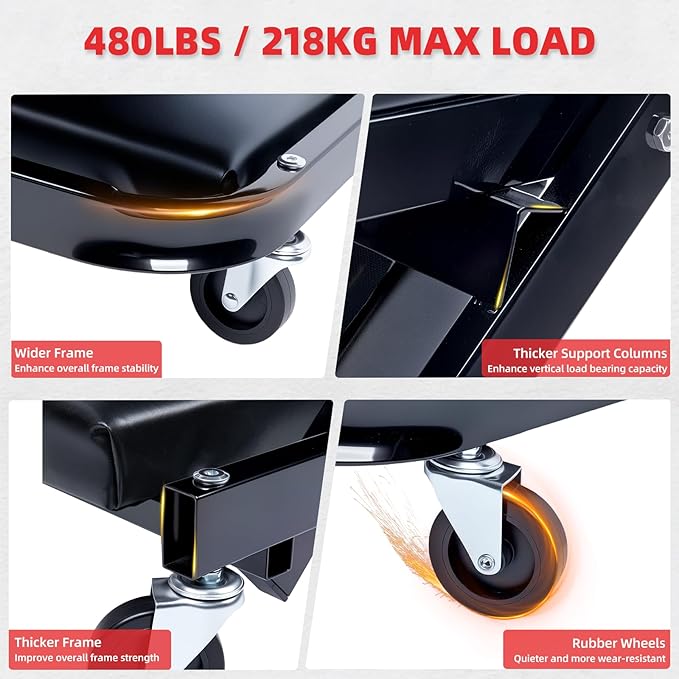 Mechanic Creeper 40inches 3-in-1 Z Seat 480lbs Capacity, Foldable Garage Chair Adjustable Rolling Black with 6pcs Wheels Roller, Lay Down Sit Lean Back, Under Car Shop Auto Repair, Man Gift