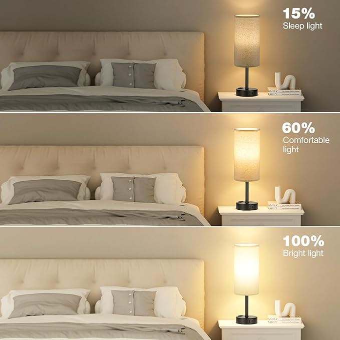 Fenmzee Beige Touch Table Lamp for Bedroom - 3 Way Dimmable Bedside Lamp USB C Charging Ports and AC Outlet, Small Lamp with Fabric Shade Black Base for Living Room, Office Desk, LED Bulb Included