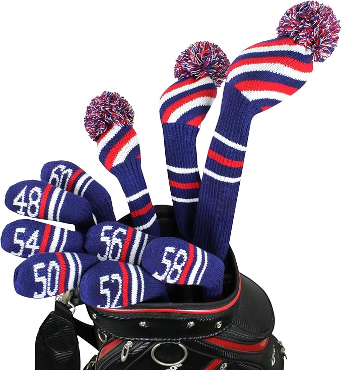 Scott Edward 1/7/10 Pcs Knitted Golf Club Head Covers for Irons Wedge Cuteness and Basically Socks Shape Washable Golf Club Head Protector on Red/Blue Warning Style