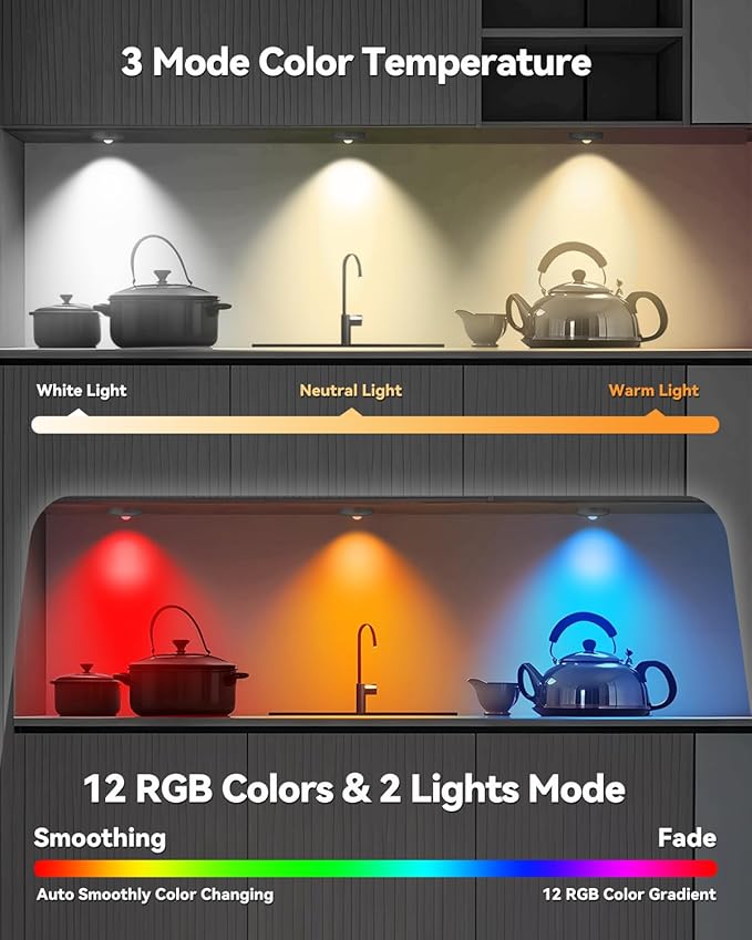 Rechargeable RGB Puck Lights with Remote Control, 1500mAh Battery Operated Push Lights, Dimmable & Timer Under Cabinet Lighting for Closet, Bedroom, Kitchen Black 12Pcs