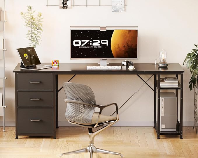 AODK 63 Inch Computer Desk with Drawers & USB Power Outlets | Reversible Home Office Desk with Storage Shelves, Work from Home, Modern Work/Writing/Study Table for Bedroom, Black