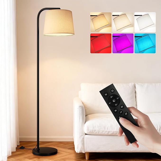 Ambimall RGB Floor Lamp - Remote Control, 8 Colors and 3000K-6500K Color Temperature, Fully Dimmable, Standing Lamp for Living Room with Rotating Head, Tall Lamp for Bedroom (RGB-Black and Beige)