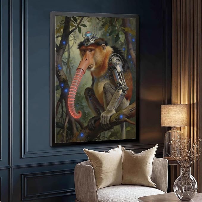 Framed Steampunk Mechanical Proboscis Monkey Wall Art - Jungle Neon Retro Poster for Apartment Leisure Area Decor 08x12in