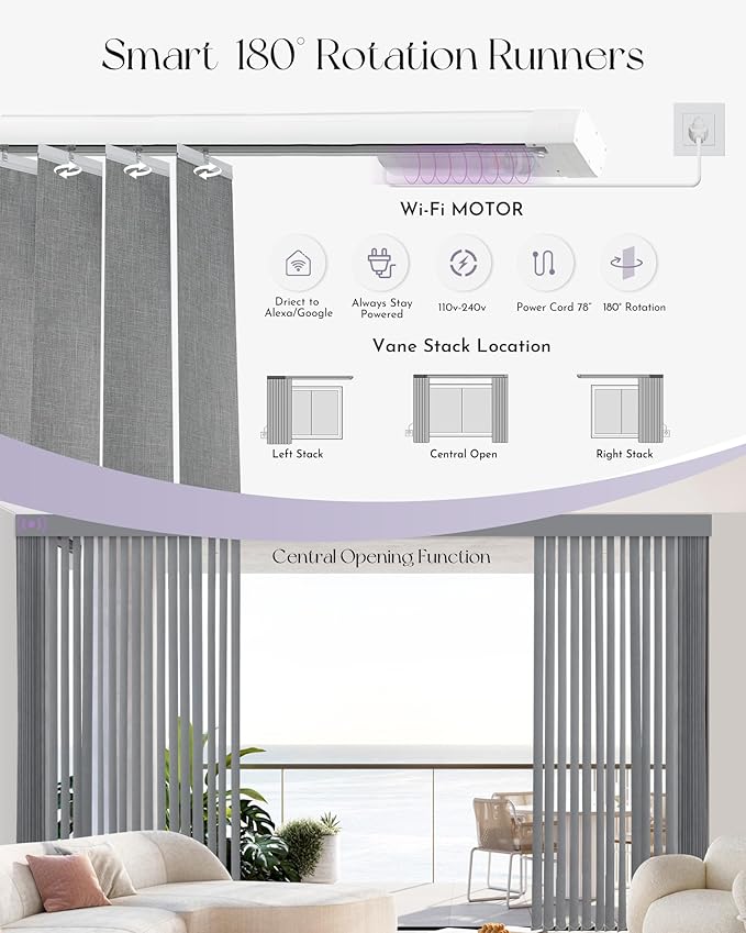 Graywind Motorized Half Shading Vertical Blinds Compatible with Alexa Google Privacy Smart Vertical Blind Remote Control Track Slats Set for Sliding Door With Valance, Width Up To 157", Textured White