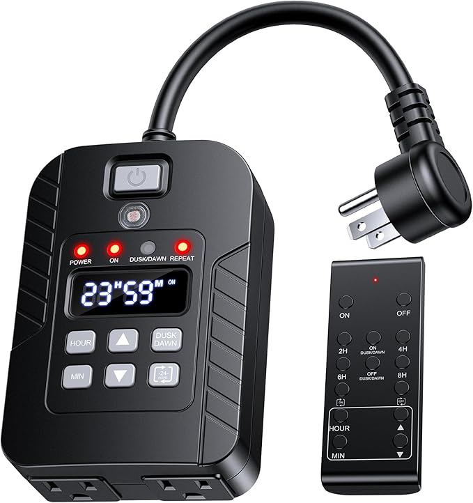 Outdoor Light Timer Waterproof, Remote Control Dusk to Dawn Sensor Timer, 100 FT Range, Plug in, 2 Outlets Digital Timer Switch for Home and Garden, 15A/1875W