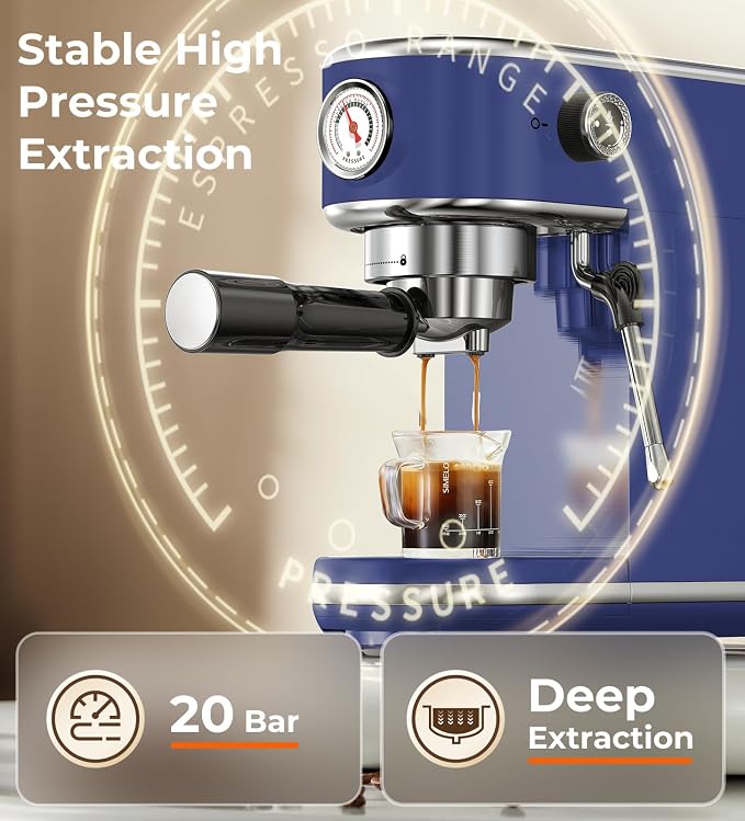 atatix 20 Bar Espresso Machine with Milk Frother, Compact Espresso Maker | Stainless Steel Coffee Machine with Precise Temp Control & 44oz Removable Water Tank for Latte, Cappuccino, Dark Blue