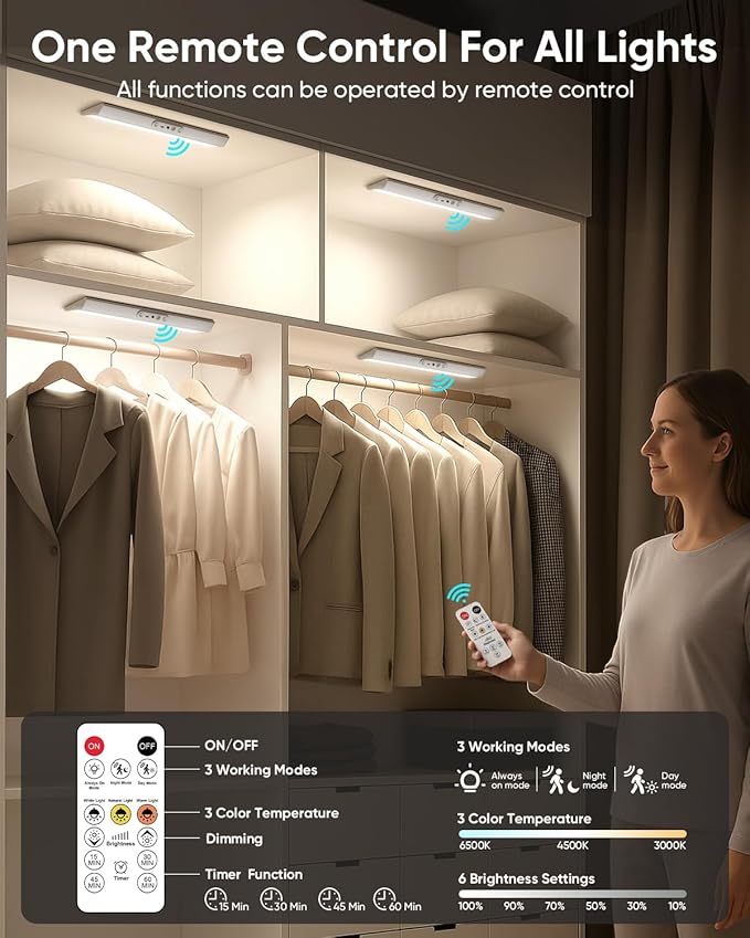 Motion Sensor Closet Lights, Eye Protection Design Cabinet Lighting Wireless with Remote, 3 Color Temps & Dimmable, Magnetic, Rechargeable LED Closet Lighting for Kitchen, Wardrobe, Pantry, 2 Pack