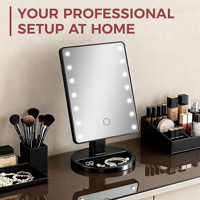 KOOKIN Lighted Vanity Makeup Mirror Led Lights 180 Degree Rotation Lighted Mirror Touch Screen Adjusted Brightness Desk Mirrors USB Dual Supply Bathroom Beauty Cosmetic Mirrors (Black)