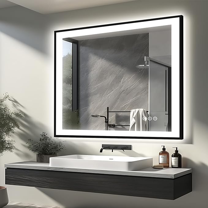 40x38 Lighted Mirrors for Bathroom Wall - Black Aluminum Framed (Front and Backlit), Anti-Fog LED Vanity Mirror, Shatter-Proof Lighted Mirror, 3 Colors Memory Mirror (Horizontal/Vertical)