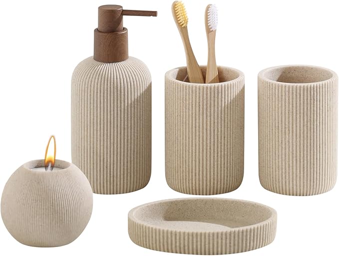 Bathroom Accessories Set, 5 PCS Sandstone Look Stripe Modern Bath Organizer with Soap Dispenser, Toothbrush Holder, Tumbler, Soap Dish, Candle Holder for Countertop Kitchen Sink (Beige)