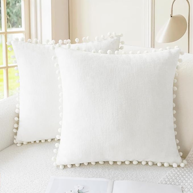 CaliTime Decorative Couch Throw Pillow Covers 18 X 18 Inches True White | Pack of 2, Cozy Chenille Cushion Cases, with Pom Poms for Sofa Bed Living Room Farmhouse Home