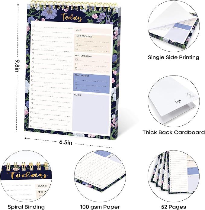Taja To Do List Notepad, Undated Daily Planner for Work and Goal Setting | Blue Meadow, 52 Sheets, 9.8" x 6.5" , for Office, Home and school, Daily Task Planning, Notes and Everyday Organization